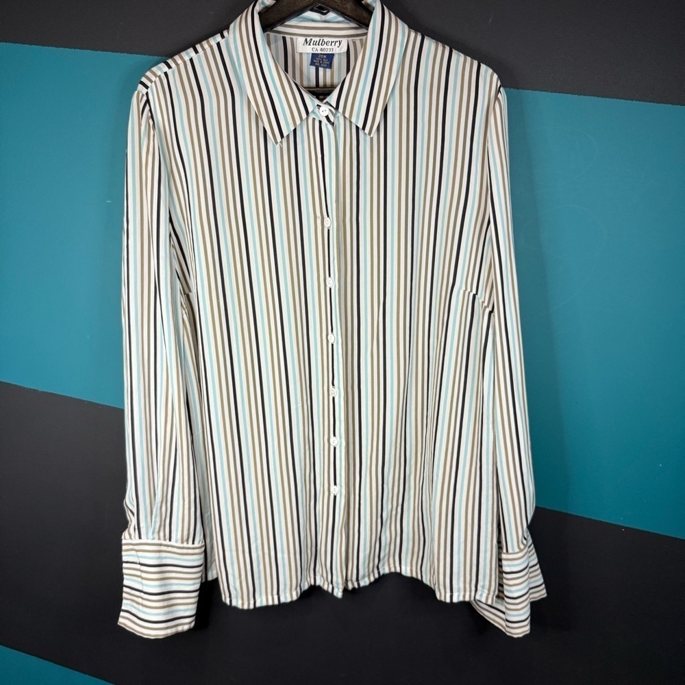 Mulberry Silk Striped Blouse in Gray and Cream